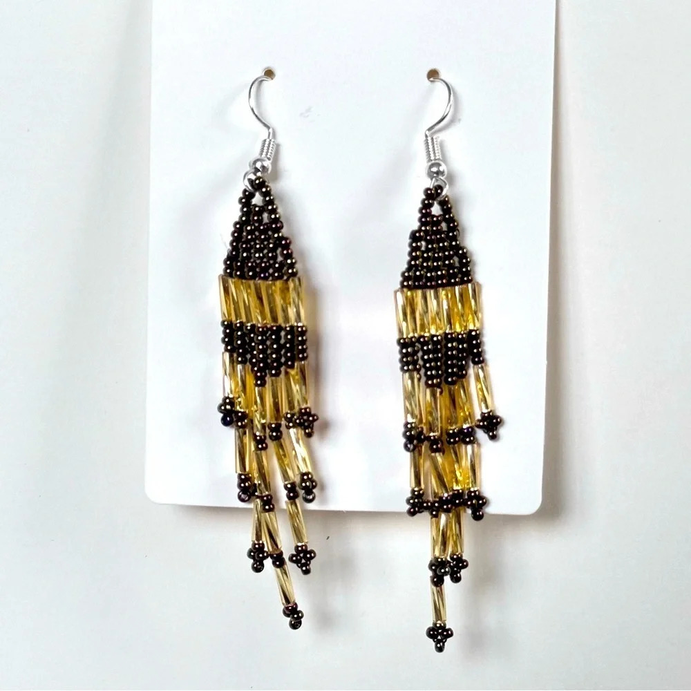 Southwestern Boho Beaded Handmade Tassel Fringe Gold Black Earrings New